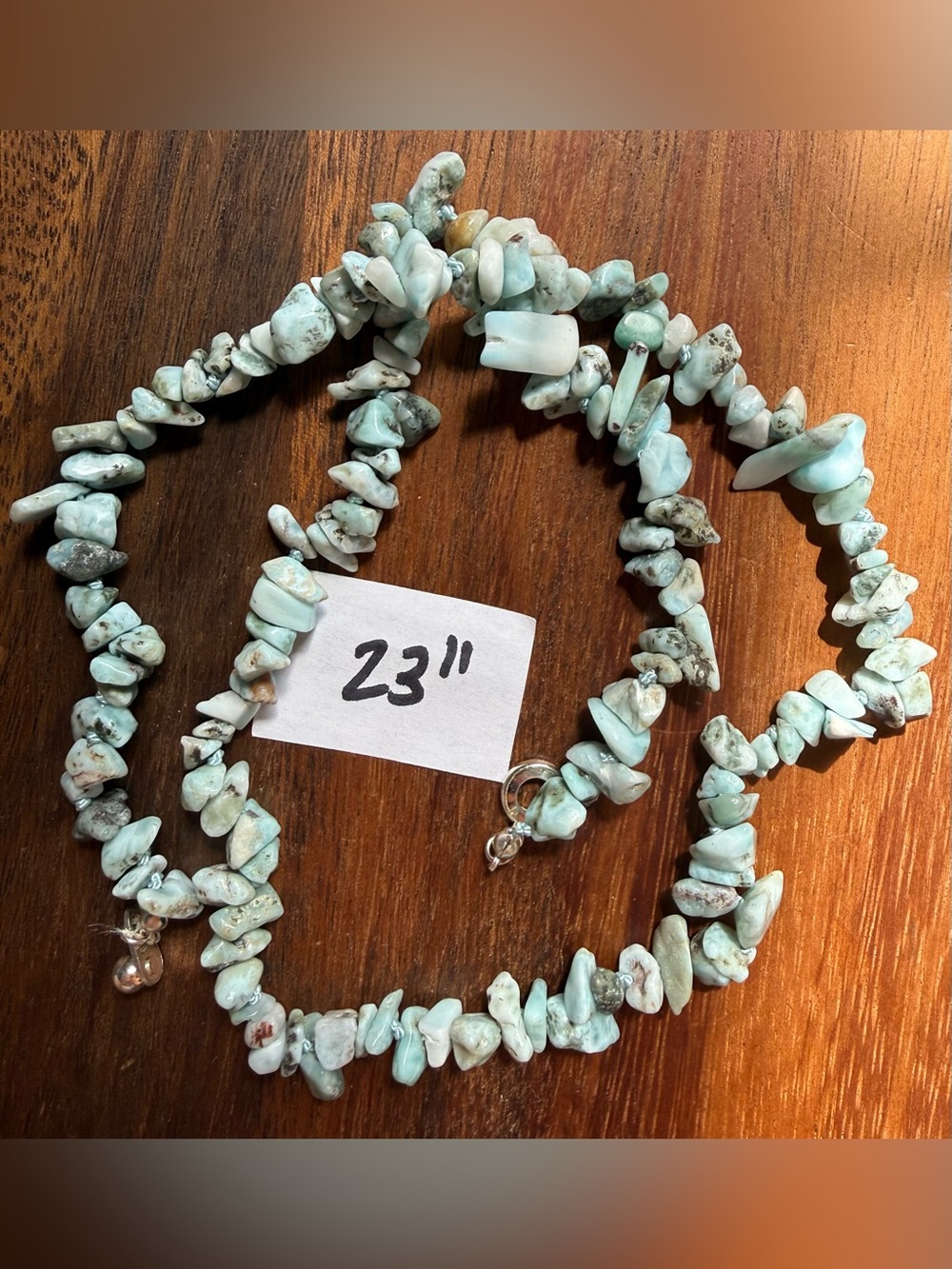 Handmade Larimar Chip Jewelry Set Light Blue Necklace Stretch Bracelet, Earrings - Picture 4 of 6